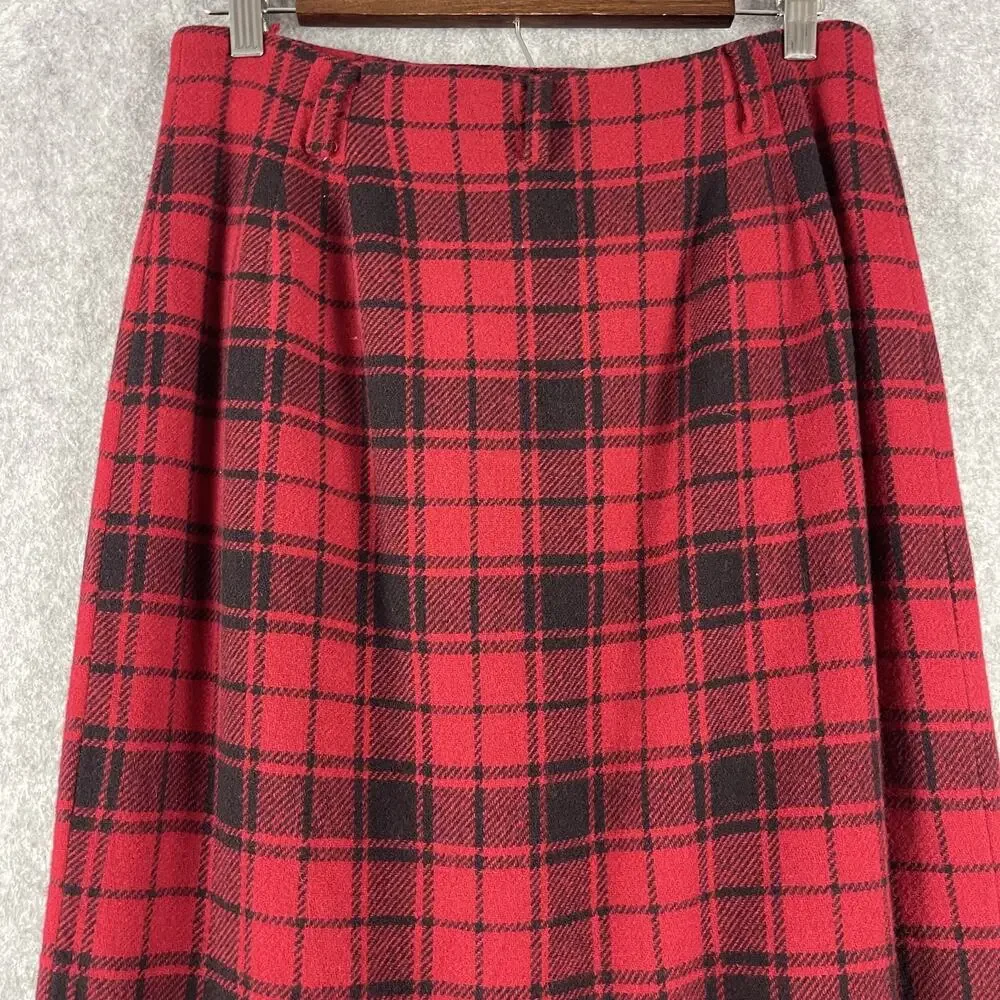 Vintage‎ Breeches Wool Blend Wrap Skirt Womens 12 Red Plaid Fringe Holiday USA